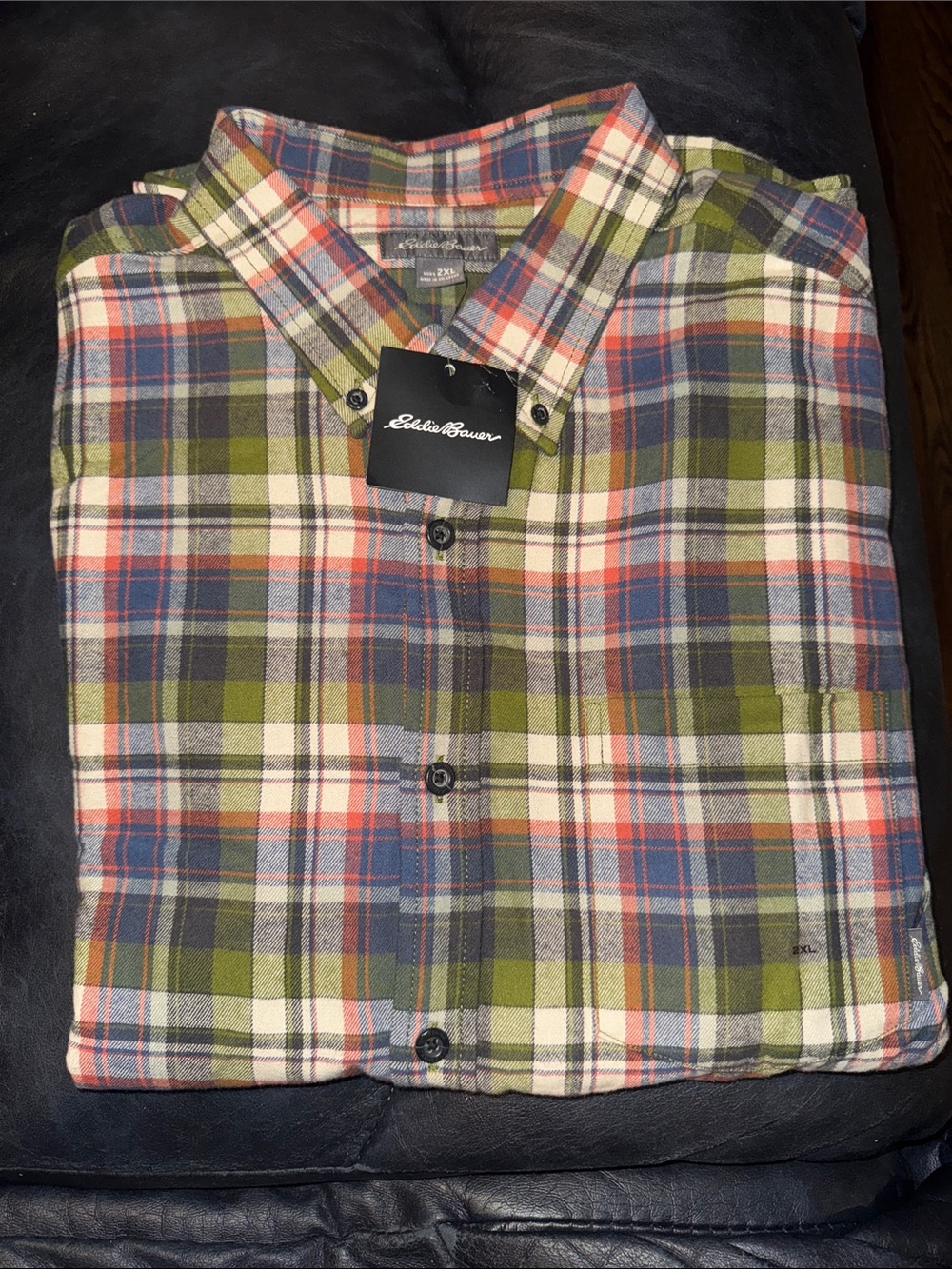 Eddie Bauer Olive Green, Red, White and Blue Plaid Button-Down Shirt Size 2XL